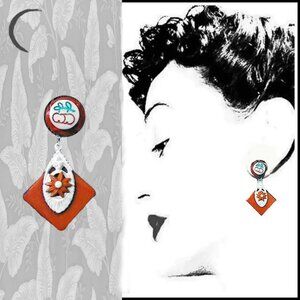 Dangle Earrings Red White Earring Set One of a Kind Recycled Vintage